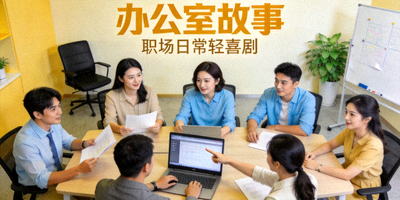 短剧《办公室故事》海报，现代办公室内同事互动场景