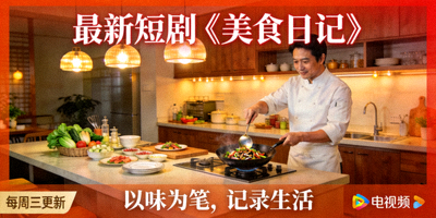 最新短剧《美食日记》海报，厨师在厨房制作精美菜肴